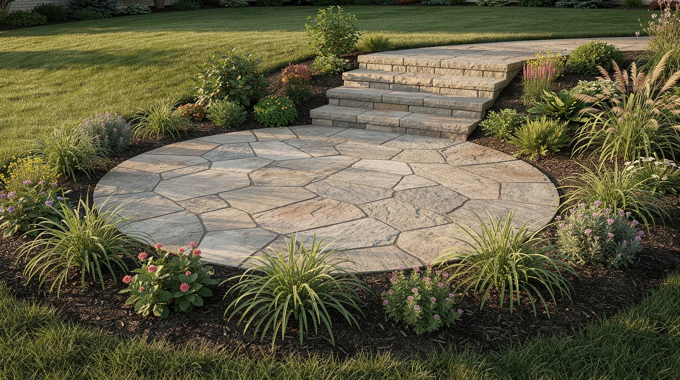 The image features a flagstone patio surrounded by low garden plants and decorative landscaping stone, with natural stone steps leading up to a grassy yard. This outdoor space beautifully combines elements of landscape design, adding texture and visual interest to the area.