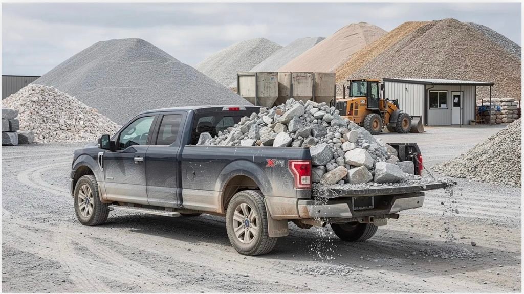 A pickup truck is parked at a stone supply yard, filled with crushed limestone gravel, ready for delivery. The load of crushed limestone serves as a base material for projects like gravel driveways and drainage beds, with the weight and volume typically calculated in cubic feet or cubic yards.
