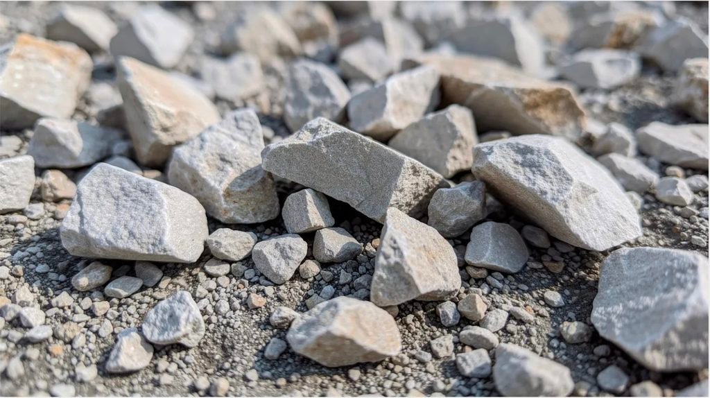 The image shows a close-up view of crushed limestone aggregate pieces, displaying various angular shapes scattered across a gravel surface. This material, commonly used in construction for driveways and drainage beds, varies in size and texture, highlighting its utility as a base material for projects requiring a compacted surface. The angular shape and air gaps between pieces directly affect the weight of limestone per cubic foot.