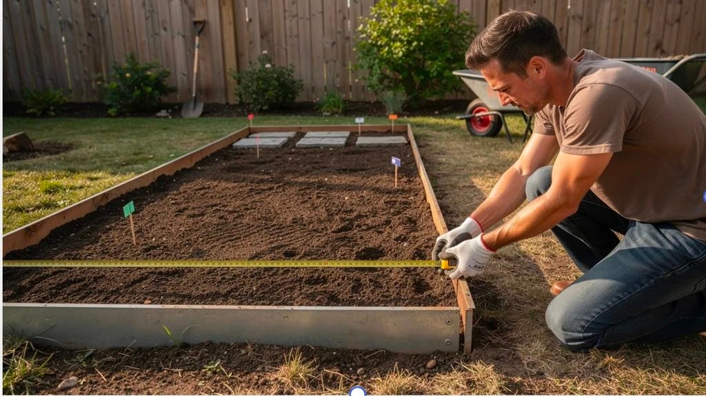 A person is kneeling beside a garden bed, using a tape measure to assess the width for a landscaping project involving decorative stones. This careful measurement will help in selecting the perfect size and variety of stones to beautify the yard.