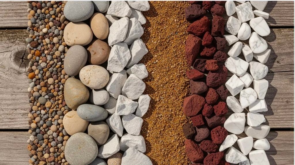 A close-up photograph displays six different types of decorative landscape stones, including pea gravel, river rock, crushed limestone, decomposed granite, red lava rock, and white marble chips, all arranged side by side on a wooden surface. The variety in textures and colors highlights their potential use in landscaping projects to beautify gardens and yards.