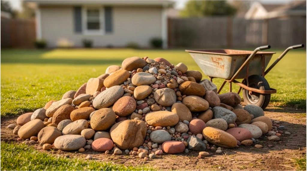 A large pile of mixed decorative landscape stones in various earth tones is displayed in a residential yard, accompanied by a wheelbarrow, ready for a landscaping project. The stones vary slightly in size and texture, offering a perfect selection of materials to beautify the garden.(landscape stone bulk)