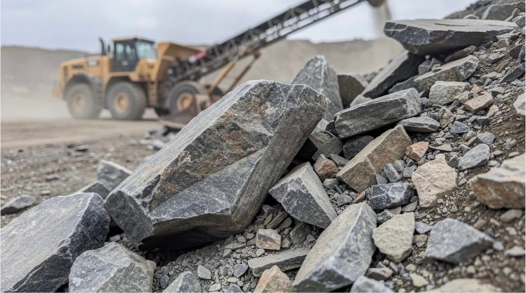 A close-up view of angular crushed rock pieces, showcasing their distinct shapes and textures, is prominently displayed in a quarry setting, with heavy machinery in the background, indicating an active construction site. The rock fragments, ideal for construction materials and landscaping projects, highlight their aesthetic appeal and solid foundation capabilities.