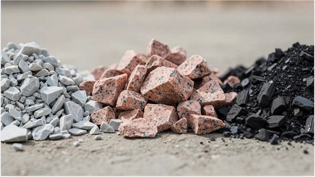 The image features a close-up view of three distinct piles of crushed stone, showcasing light gray limestone, pink granite, and dark basalt, each with unique angular shapes and textures. These crushed rocks are commonly used in construction projects and decorative landscaping for their aesthetic appeal and durability.
