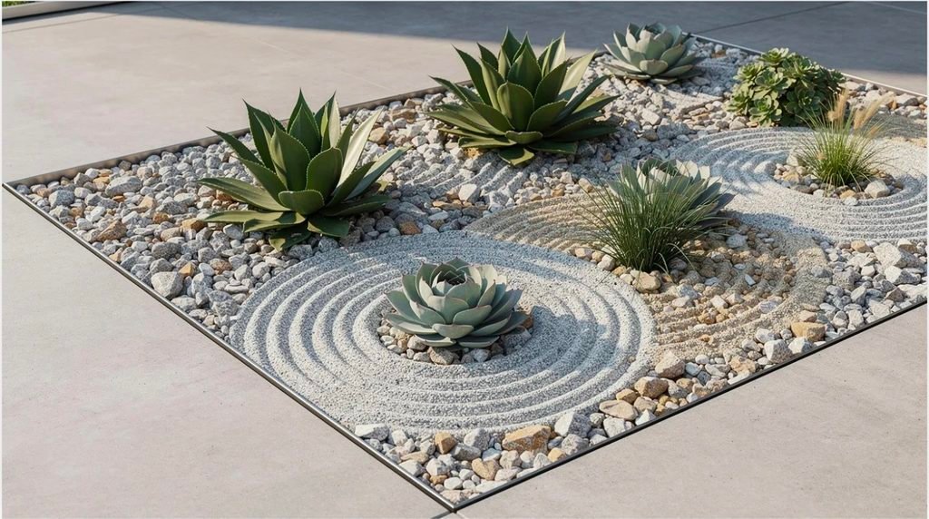 The image features decorative crushed rock arranged around vibrant green plants and succulents in a modern garden bed, showcasing clean edging and a visually appealing layout. This landscaping design utilizes various rock fragments to enhance the aesthetic appeal while providing effective ground cover.