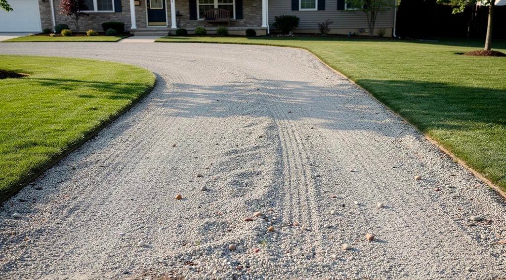 The image depicts a well-maintained residential gravel driveway featuring a compacted crushed stone surface with angular edges, bordered by lush green grass that enhances its aesthetic appeal. This durable driveway serves as a solid foundation for foot traffic and is an excellent choice for landscaping projects.