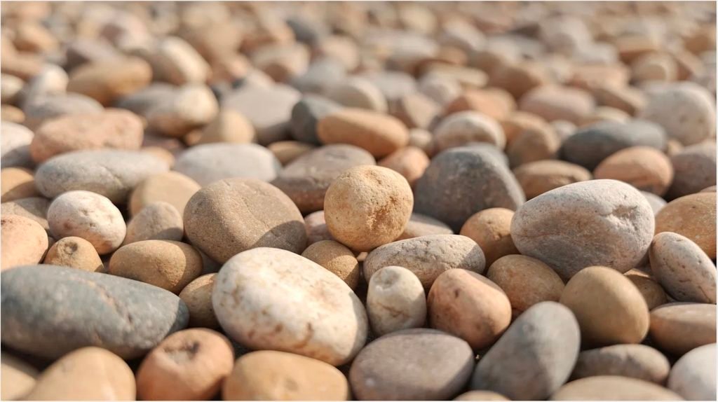 A close-up view of smooth, rounded pea gravel stones showcases a blend of tan and gray earth tones, highlighting their natural weathering and aesthetic appeal. This image captures the texture and color variations of pea gravel, making it a suitable choice for landscaping projects, pathways, and garden beds.