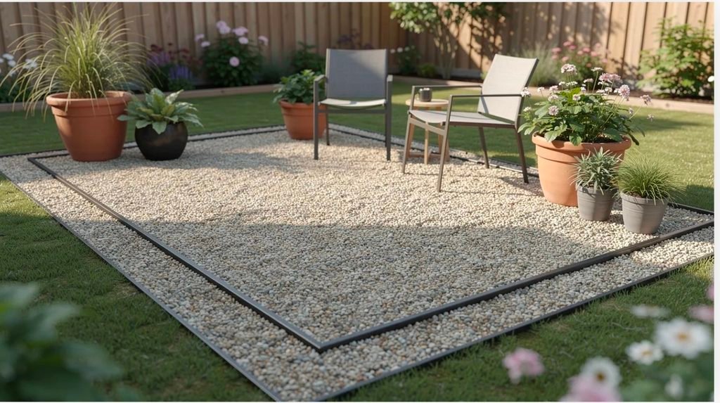 The image depicts a residential backyard featuring a pea gravel patio bordered by steel edging, adorned with various potted plants. This outdoor space showcases the aesthetic appeal of pea gravel as a low maintenance landscaping material, perfect for creating pathways and enhancing garden beds.