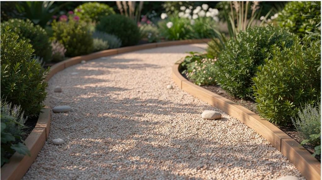 The image depicts a winding pathway made of pea gravel, bordered by lush green shrubs and timber edging, creating a natural and inviting outdoor space. This pea gravel pathway enhances the garden's aesthetic appeal while providing excellent drainage and low maintenance for homeowners.
