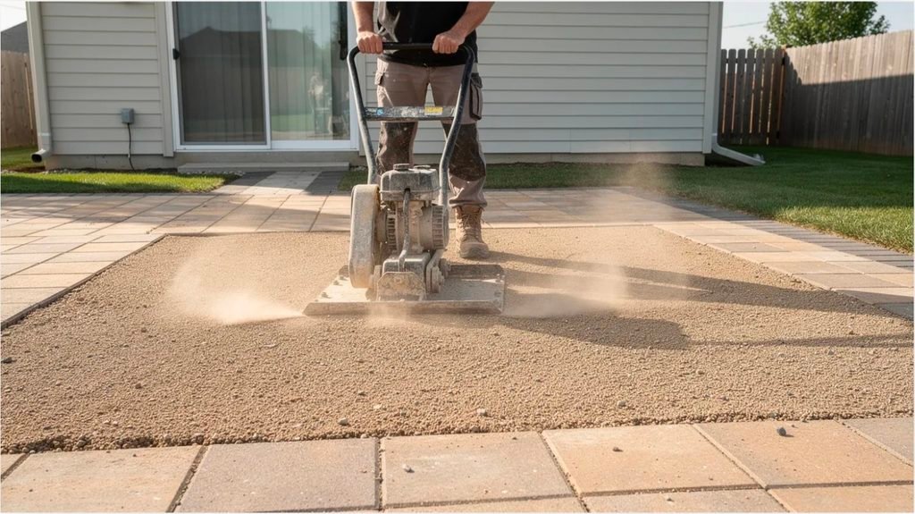 A plate compactor is actively tamping down a layer of fine tan stone dust on a residential patio project, creating a smooth and stable surface. This process helps ensure the material is compacted effectively for durability and erosion control in outdoor spaces.